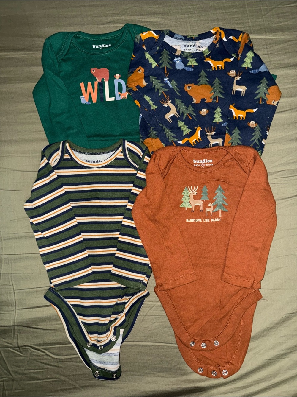 Kids Woodland Long-Sleeve One-Piece Bodysuit Set — Green, Navy, Rust, Stripe